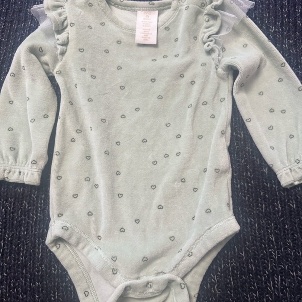 Ever & Ever Mint Heart Print Velour Bodysuit 9M *